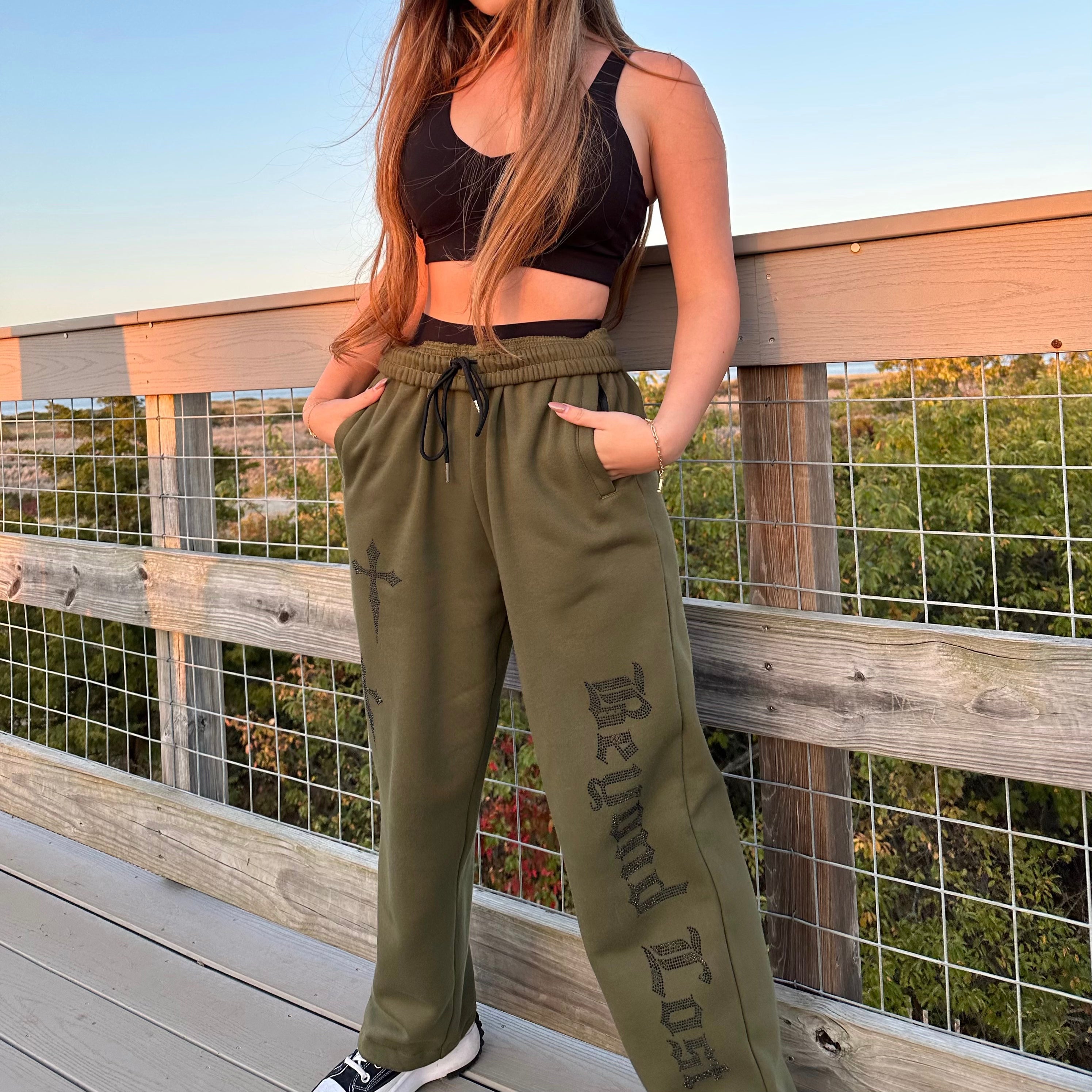 3 Zip Pockets Olive Green Rhinestone Sweatpants: Black Daggers