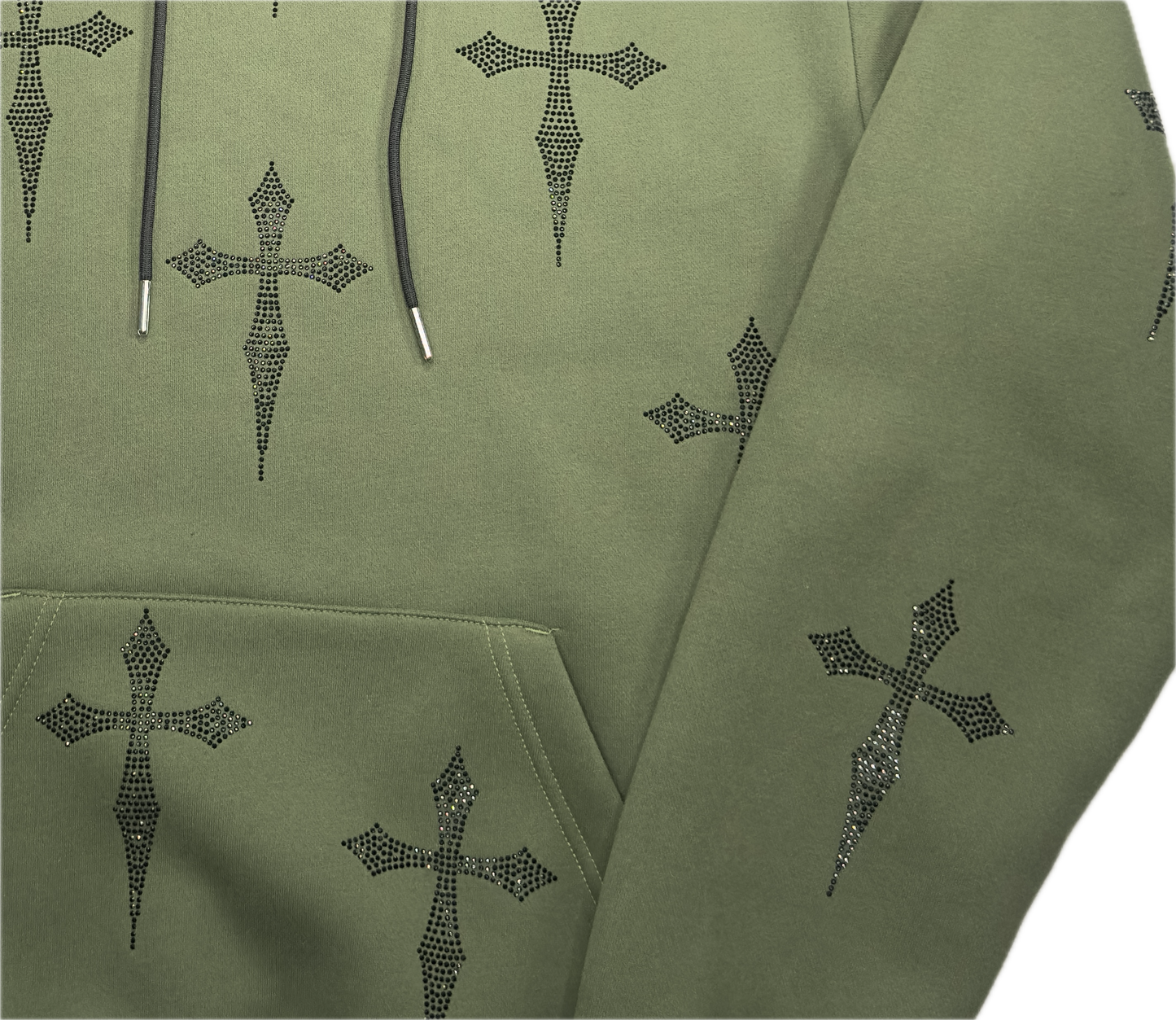 Oversized Olive Green Rhinestone Pullover Hoodie: Black Daggers