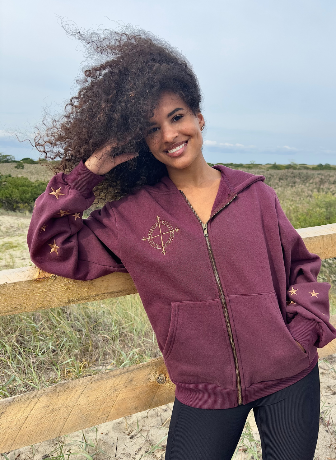 Burgundy Moon & Stars Zip Up Hoodie: Burgundy Embroidery