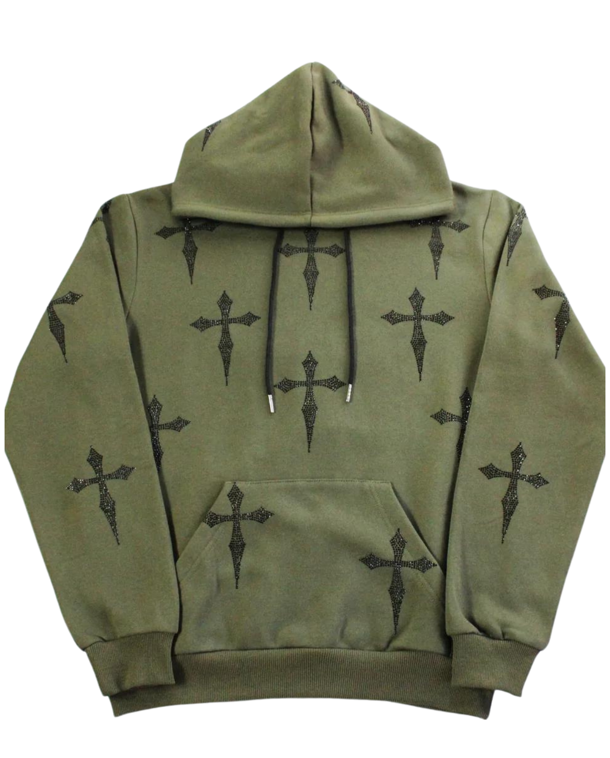 Oversized Olive Green Rhinestone Pullover Hoodie: Black Daggers