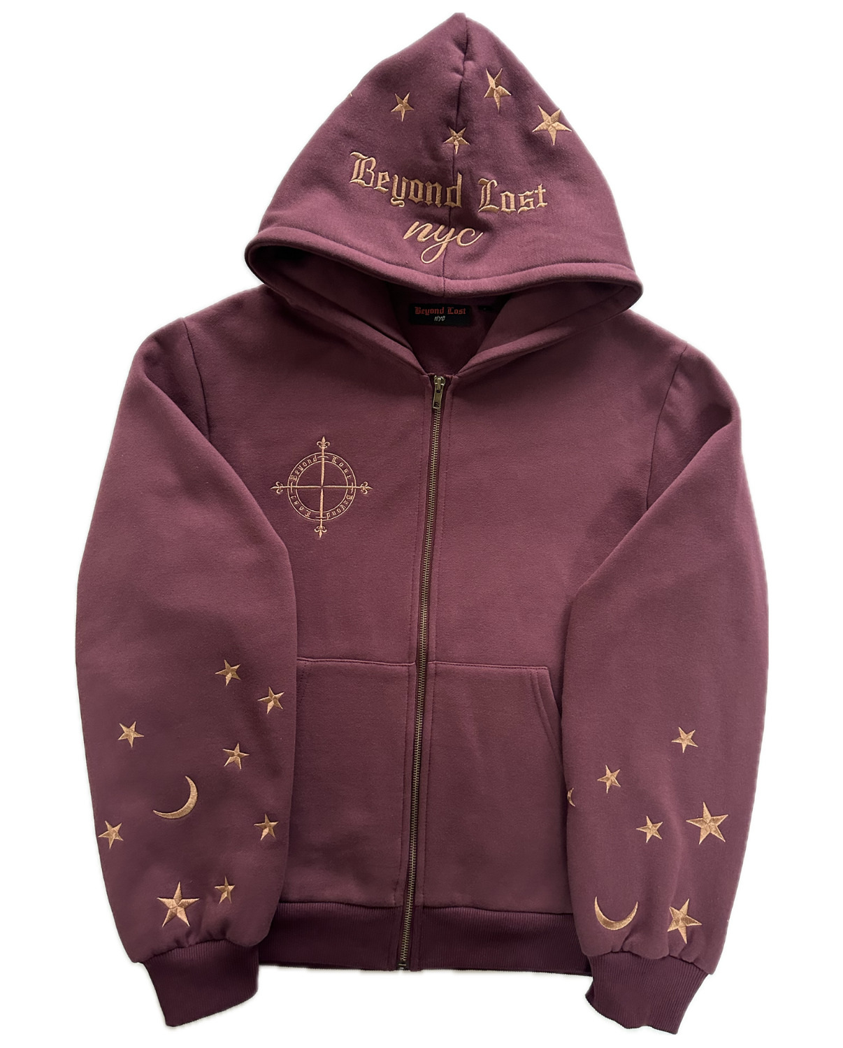 Burgundy Moon & Stars Zip Up Hoodie: Burgundy Embroidery