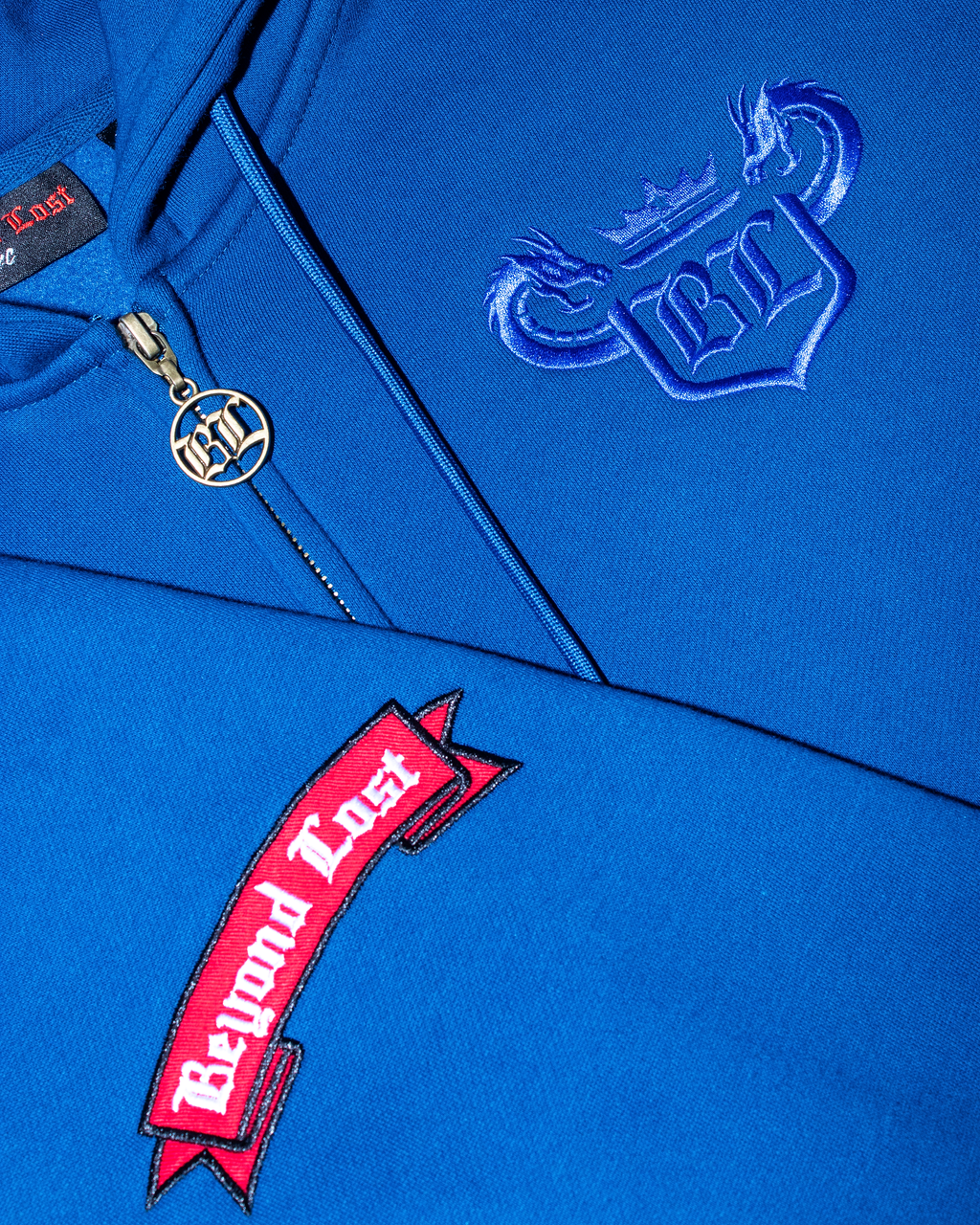 Year of the Dragon Collection: Night Blue Zip Up Hoodie Neon Blue Embroidery