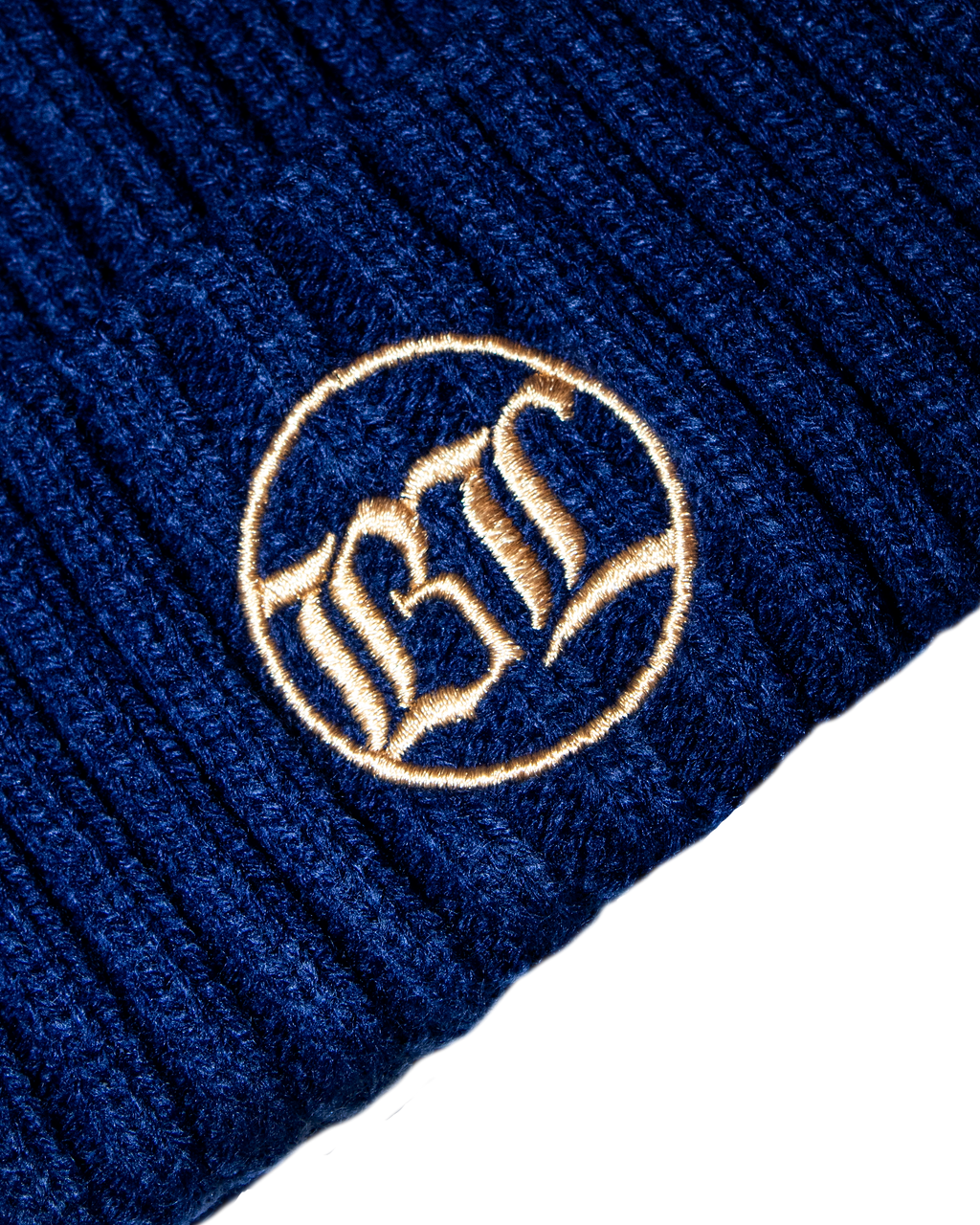 Navy Loose Knit Beanie: Navy w/ Gold Embroidery