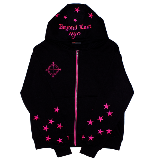 NEW! Black & Pink Zip Up Hoodie: Western Edit w/ Metallic Embroidery