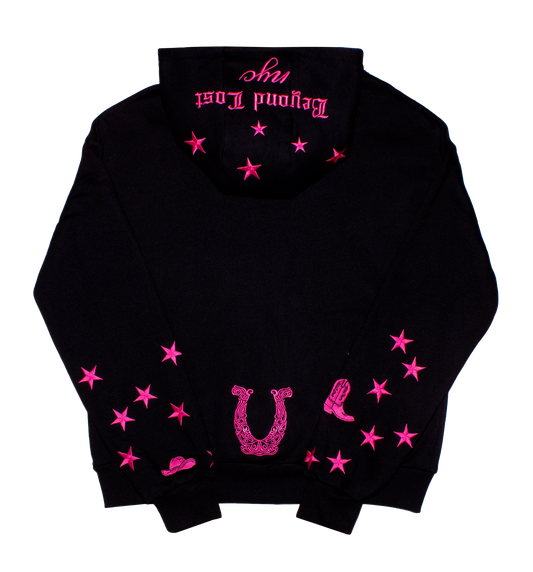 NEW! Black & Pink Zip Up Hoodie: Western Edit w/ Metallic Embroidery