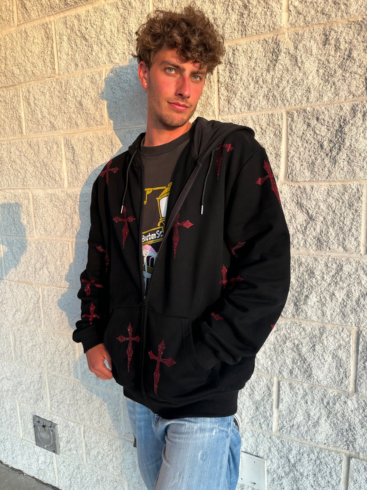 Red Rhinestone Daggers on OVERSIZED Black Zip Hoodie