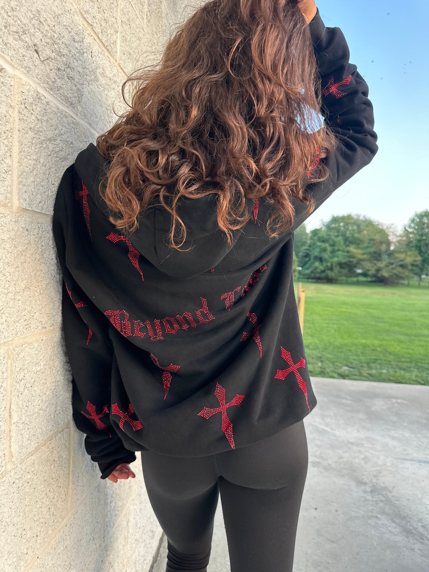 Red Rhinestone Daggers on OVERSIZED Black Zip Hoodie