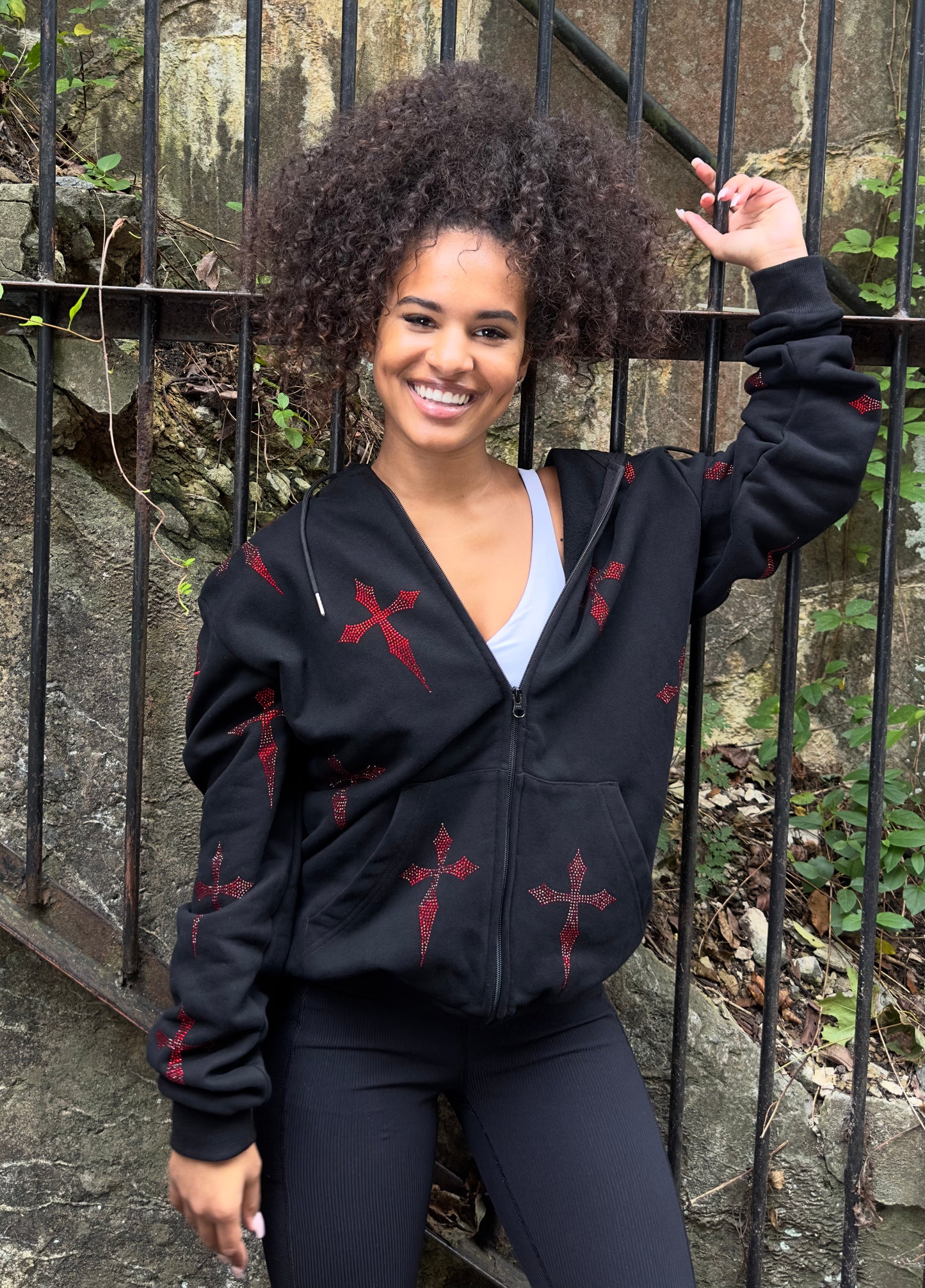 Red Rhinestone Daggers on OVERSIZED Black Zip Hoodie