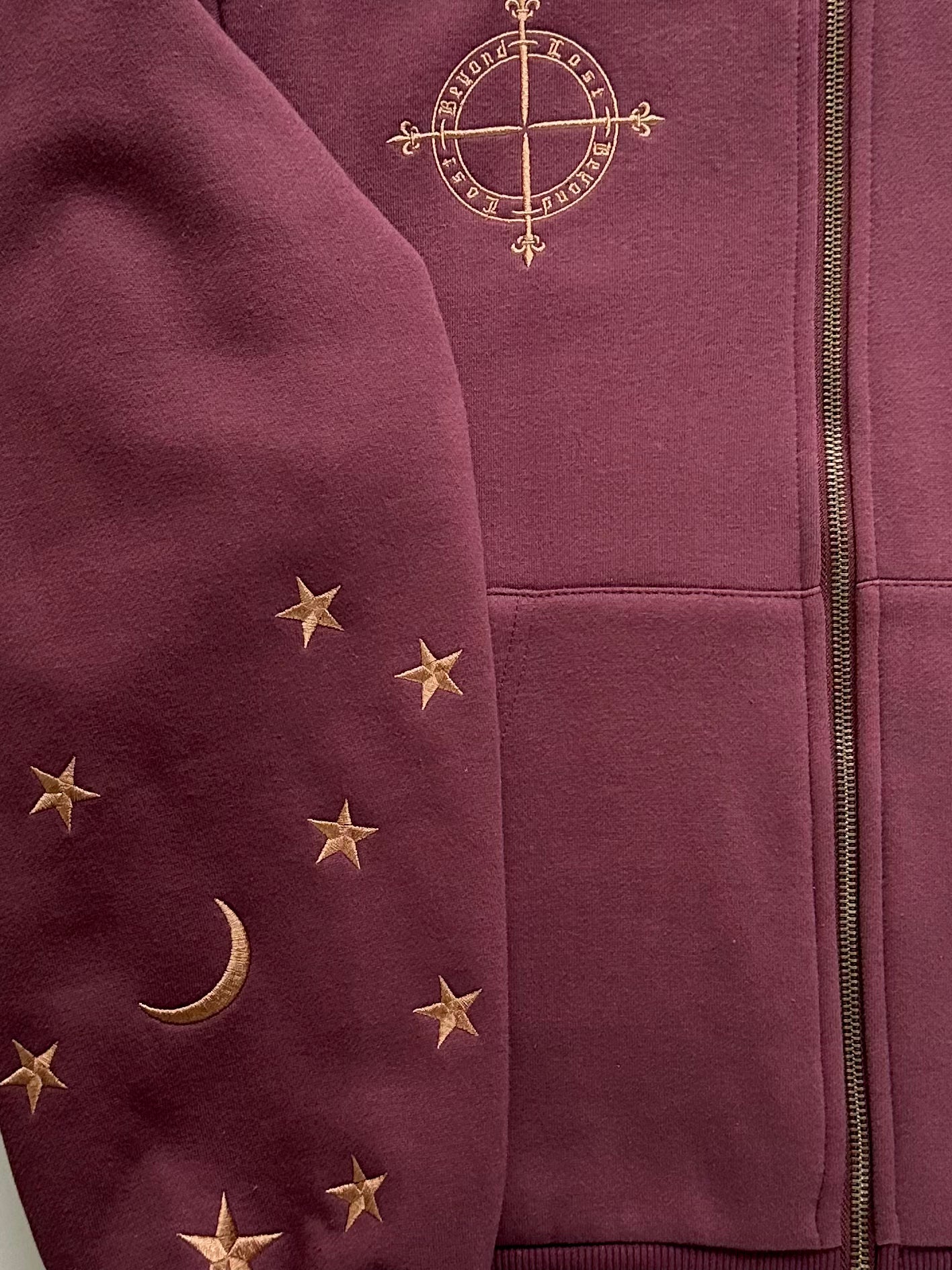 Burgundy Moon & Stars Zip Up Hoodie: Burgundy Embroidery