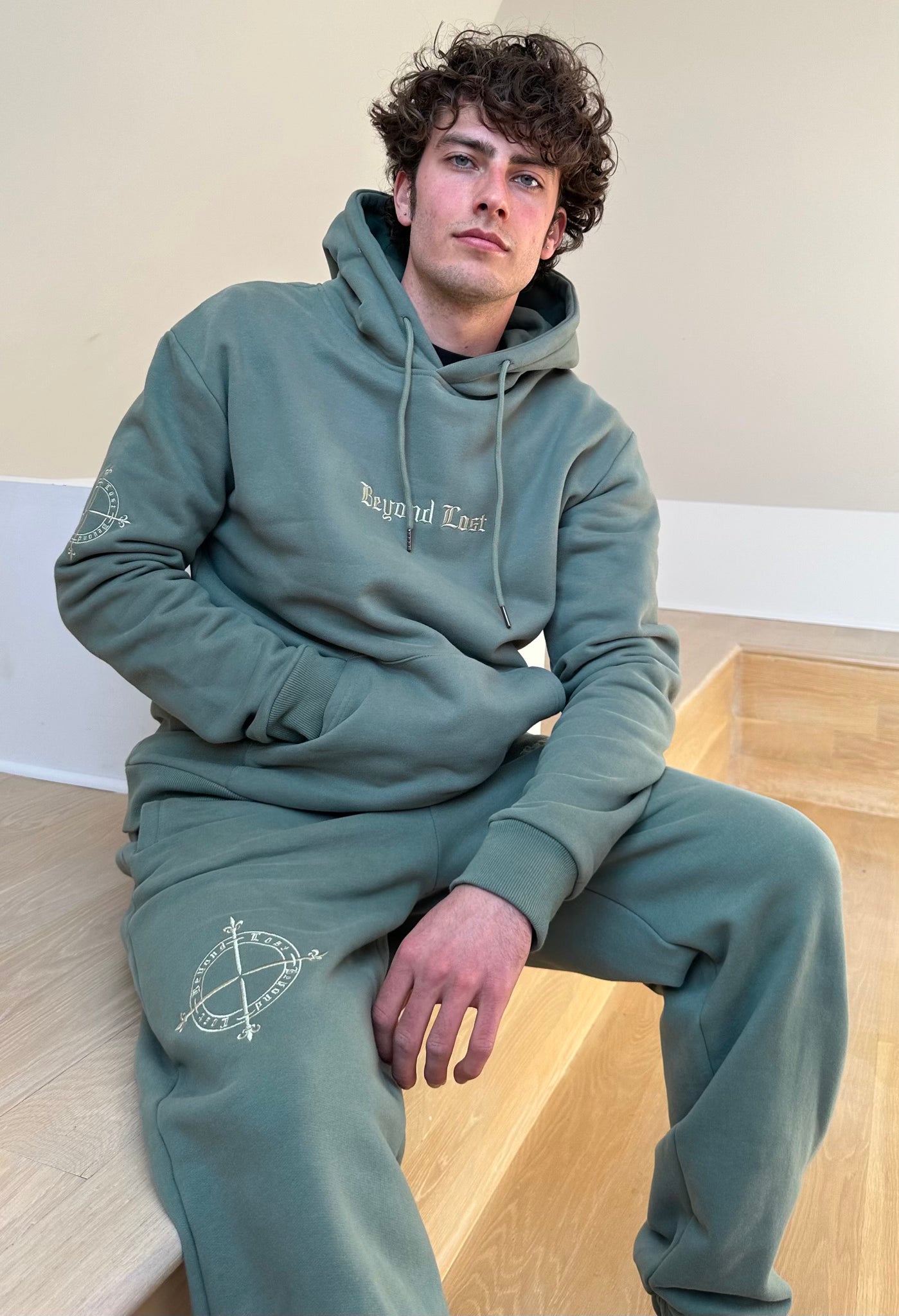 Moss Green Sweatpants: Light Green Embroidery, 3 Zip Pockets- Oversized/Unisex