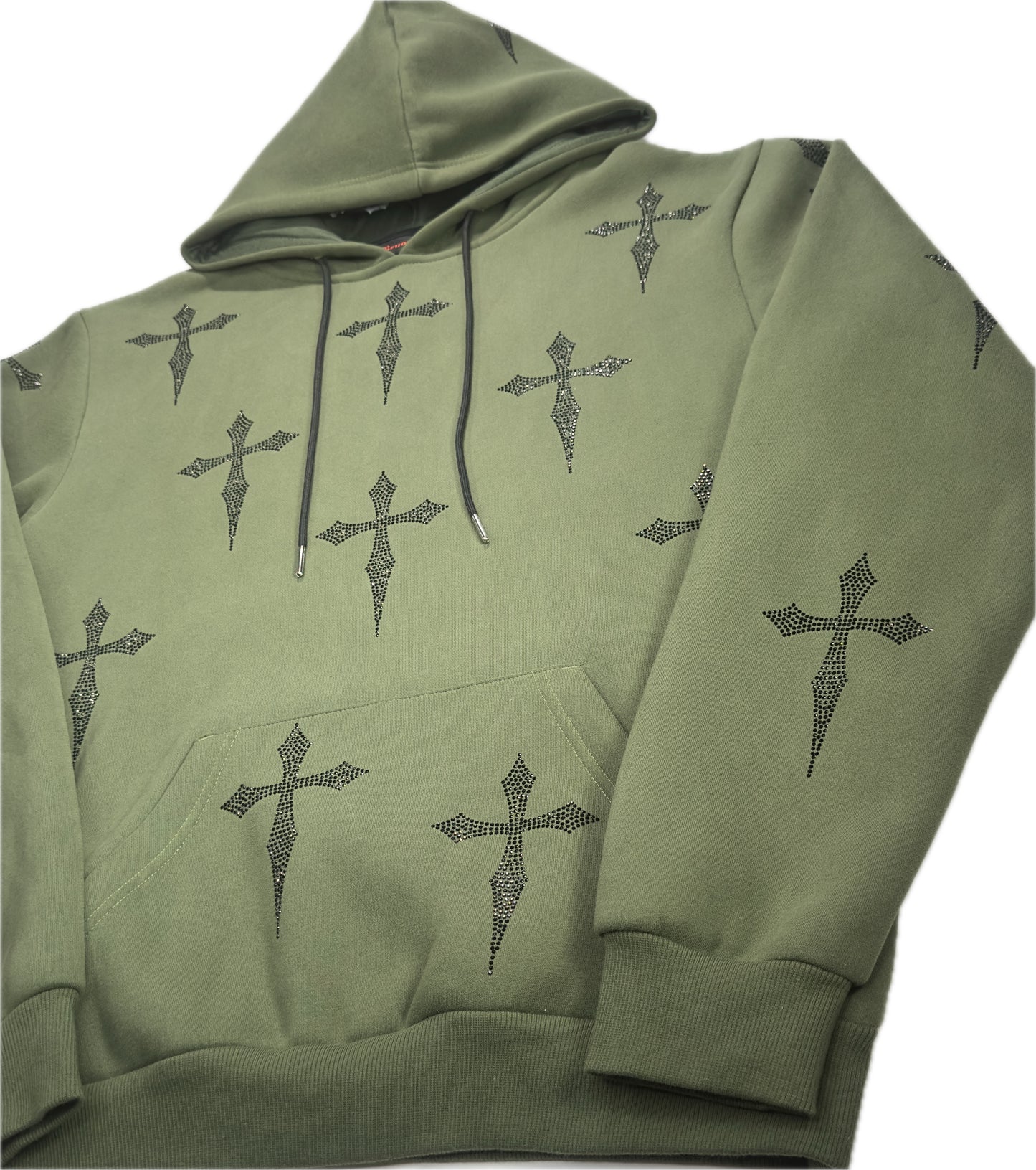 Oversized Olive Green Pullover Hoodie: Black Rhinestone Daggers