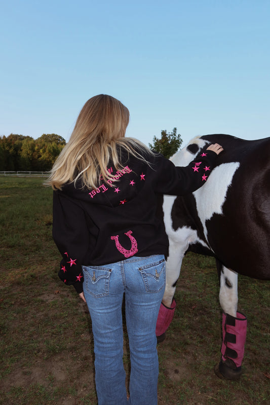 Black & Pink Zip Up Hoodie: Western Edit w/ Metallic Embroidery