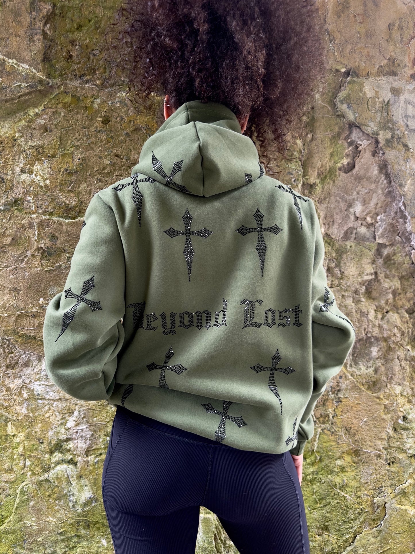 Oversized Olive Green Rhinestone Pullover Hoodie: Black Daggers