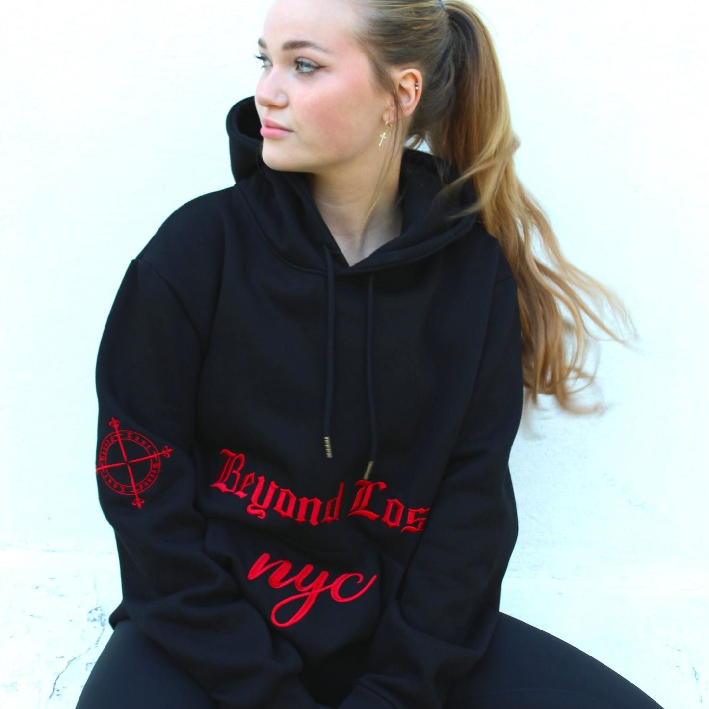 Jet Black & Red Oversized Pullover Hoodie: Red Metallic Embroidery