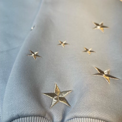 Baby Blue Zip Up Hoodie: Silver Metallic Embroidery