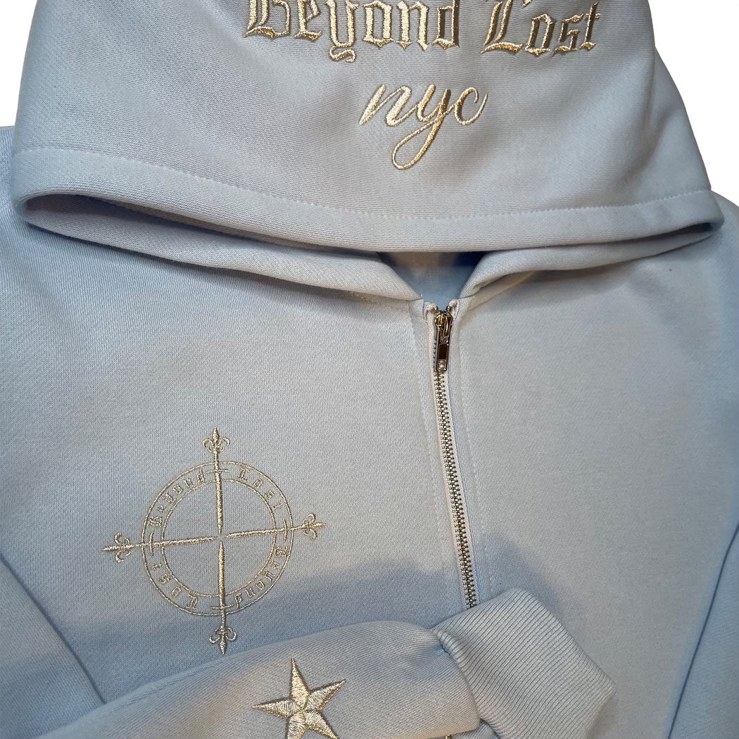 Baby Blue Zip Up Hoodie: Silver Metallic Embroidery