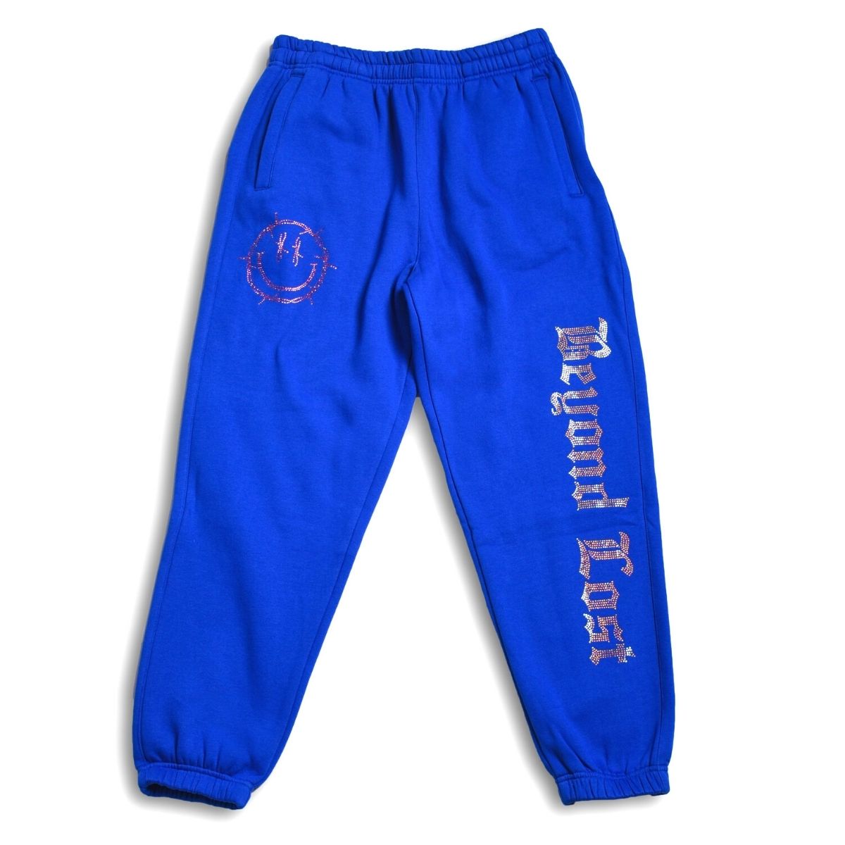 Royal Blue Rhinestone Sweats: Barbed Wire Smiley Face