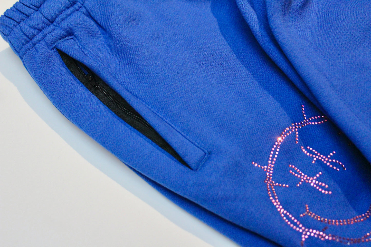 Royal Blue Rhinestone Sweats: Barbed Wire Smiley Face