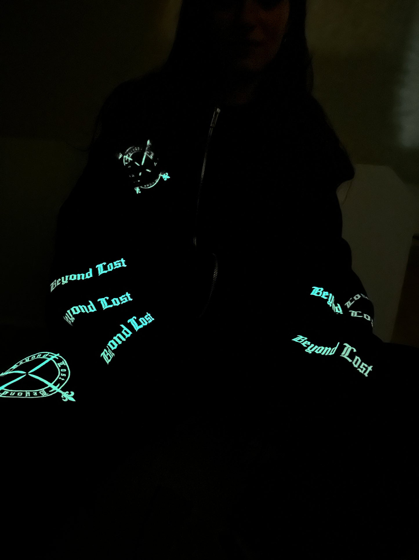 Black Glow Zip Up Hoodie: Glow in the Dark Embroidery