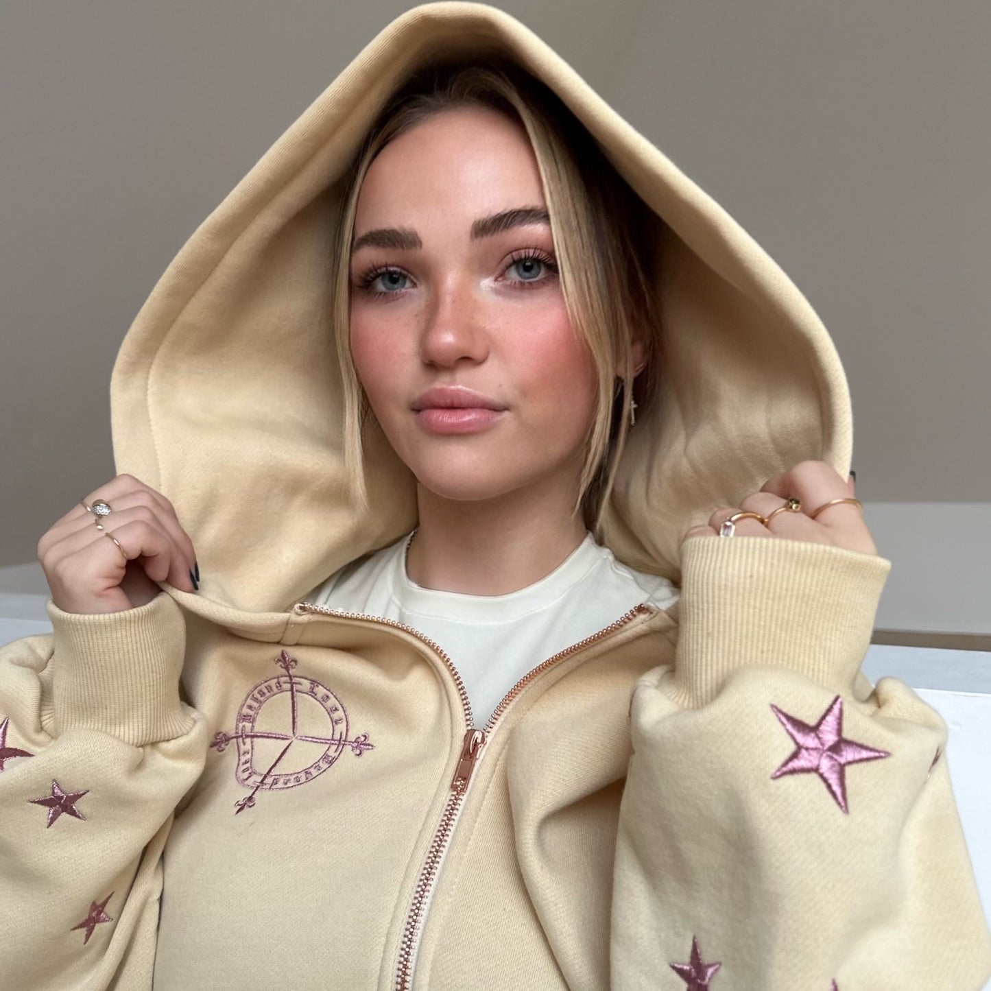 Champagne Gold Zip Up Hoodie: Rose Gold Metallic Embroidery